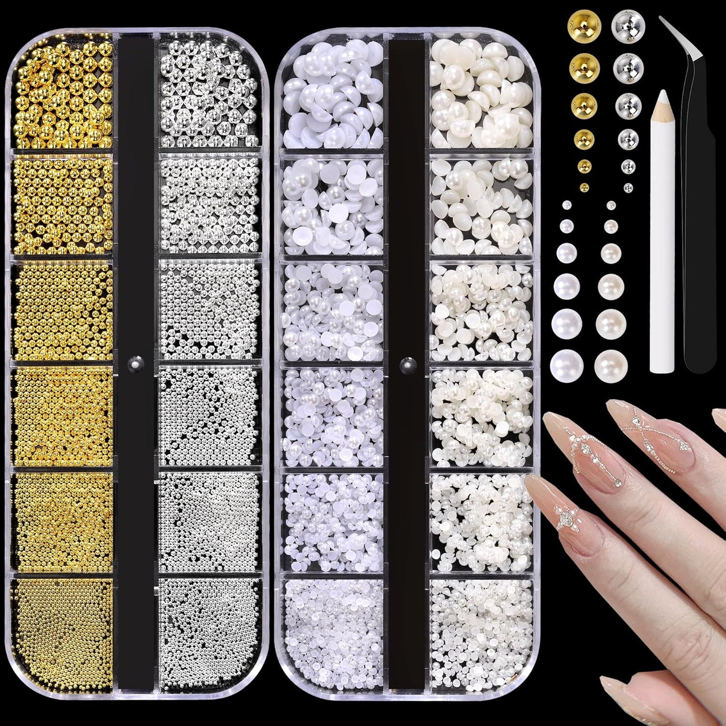 2 Boxes Flatback Pearls (White+Beige) and Silver+Gold Nail Beads for Nail Art with Rhinestone, Pearl Nail Charms and Gems and Small Round Caviar Beads for Acrylic Nail Tips Manicure 3