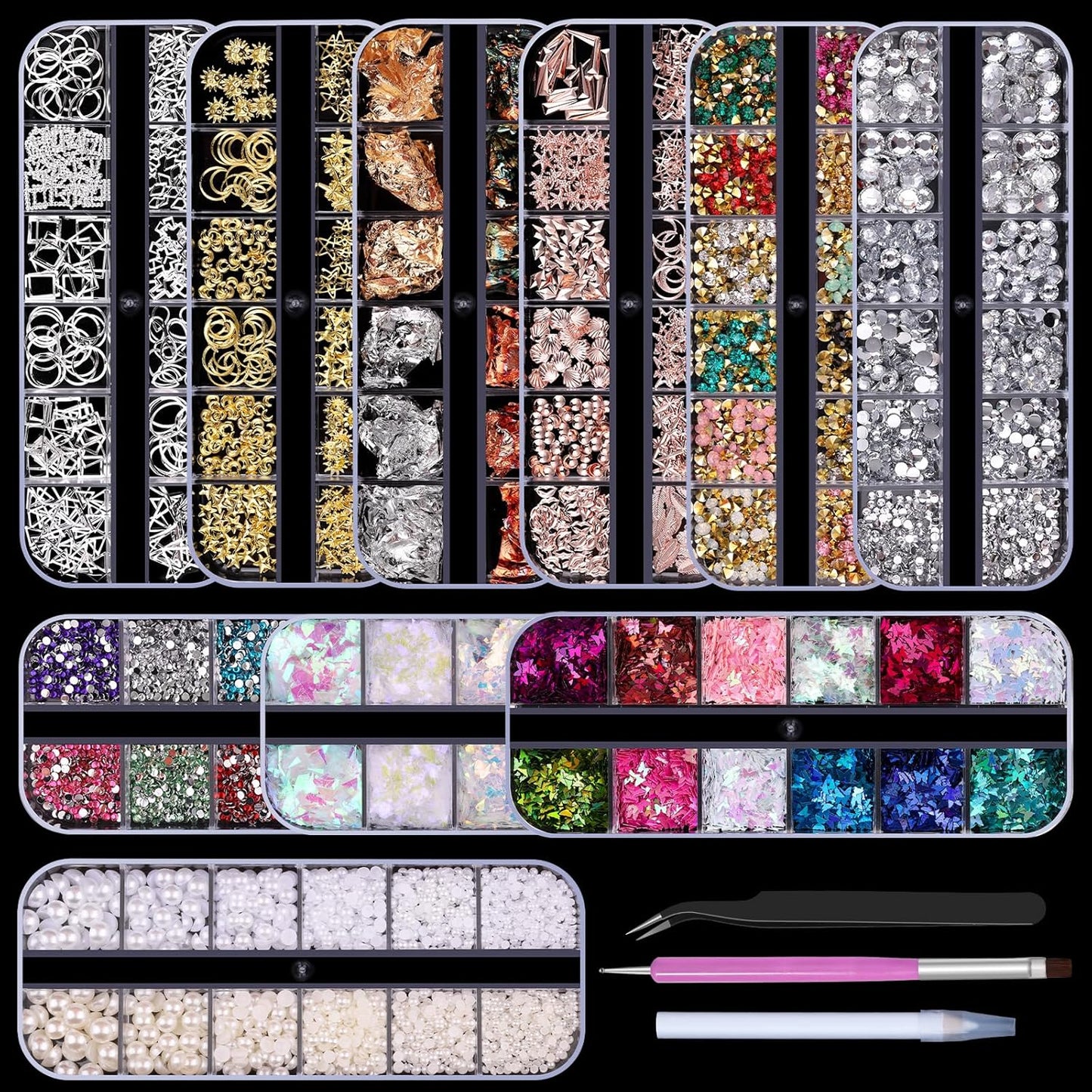 10 Boxes Nail Art Kit, Colorful Glass Nail Rhinestones, 2-6mm White Flatback Pearls, 3D Gold Studs Holographic Foil Flakes and Iridescent Glitter Sequins with Tweezers Brush