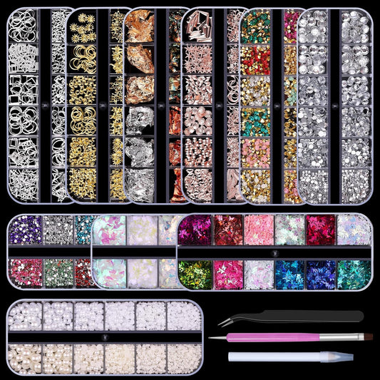 10 Boxes Nail Art Kit, Colorful Glass Nail Rhinestones, 2-6mm White Flatback Pearls, 3D Gold Studs Holographic Foil Flakes and Iridescent Glitter Sequins with Tweezers Brush