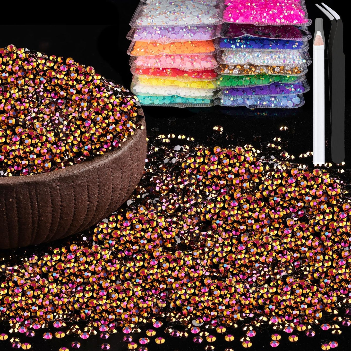 15000pcs 2mm Resin Rhinestones Bulk, Gold Rose AB Flatback Round Jelly Rhinestones Non Hotfix Crystal Gems Large Quantity Wholesale for DIY Crafts Clothes Bottles Face Makeup Manicure