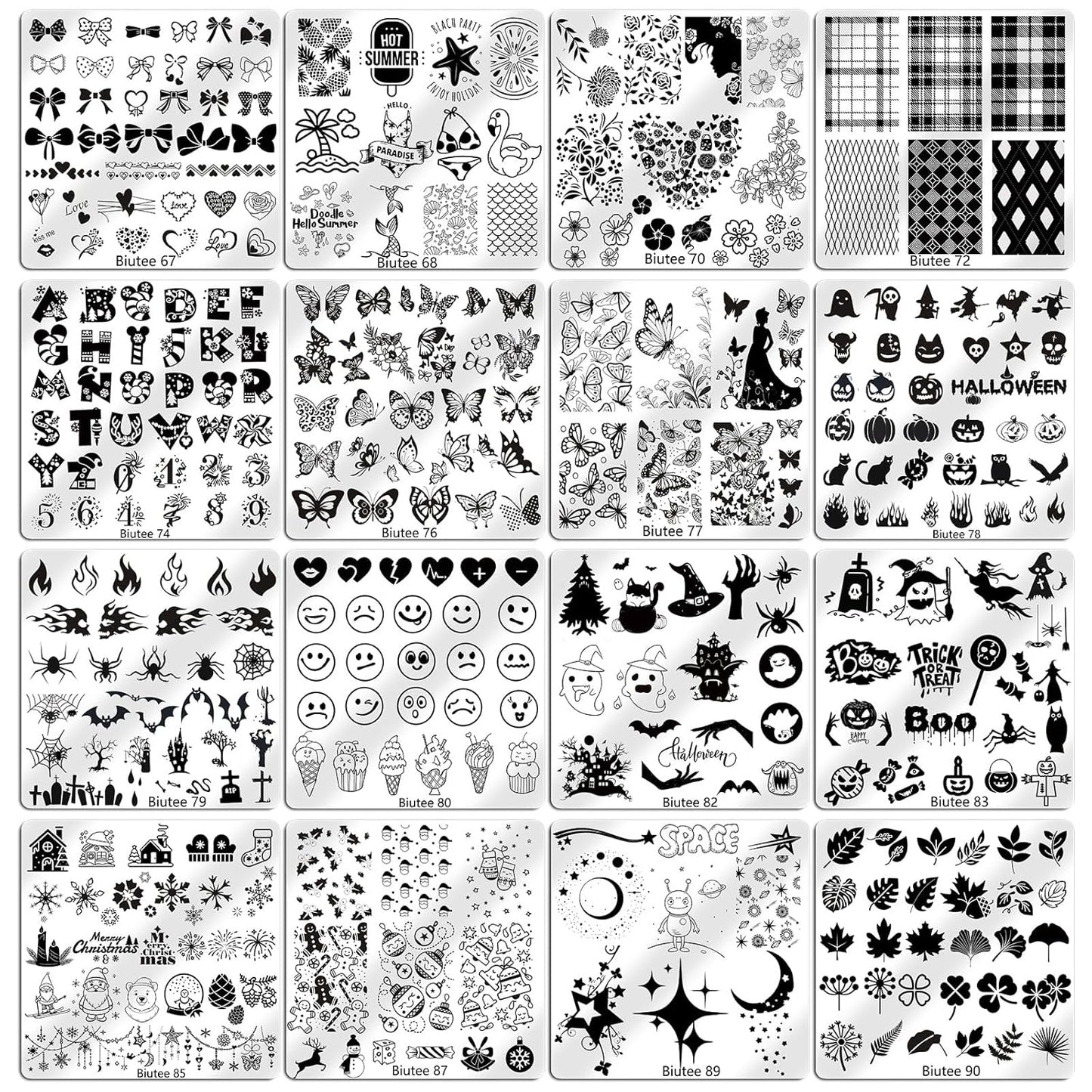 Biutee Nail Stamping Plates Set 16PCS Nail Stamper Kit with Nail Stamper, Scraper & Storage Bag Nail Art Stamping Plates Halloween Christmas Butterfly Star Flower Leaf Bowknot Design Nail Stamping Kit