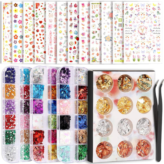 Teenitor Nail Art Decoration with 12 Sheets Nail Art Stickers for Nail Art, Butterfly Nail Foil Stickers, Nail Sequins and Rhinestones, Self-Adhesive Nail Sticker Decals for Nails Art Design