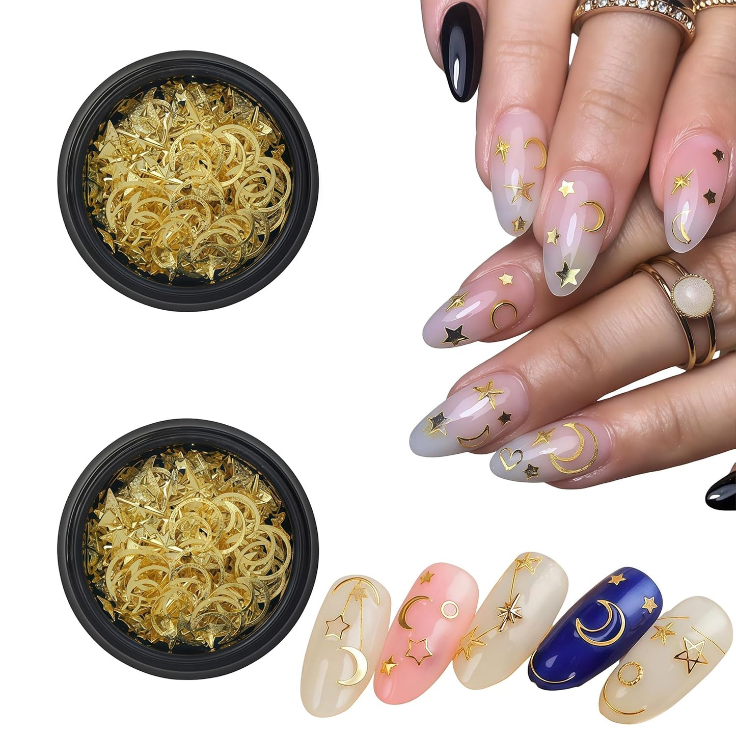 Hollow Moon Star Nail Art Ornaments Glitter Rhinestone Gold Mixed Metal Star Decorations for Women Girls DIY Nail Art Accessories 2 Boxes