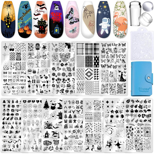 Biutee Nail Stamping Plate 16Pcs Nail Stamper Kit 12Pcs Nail Art Stamp Plates with Silicone Stamper, Scraper & Storage Bag, Stamping Plates Star Plaid Flower Butterfly Template Halloween Design Gift
