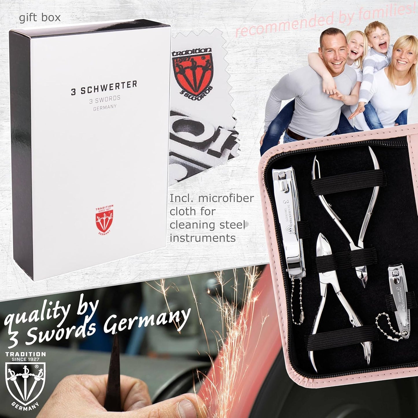 3 Swords Germany - brand quality 10 piece manicure pedicure grooming kit set for nail care scissors clipper pink synthetic leather case - Made by 3 Swords