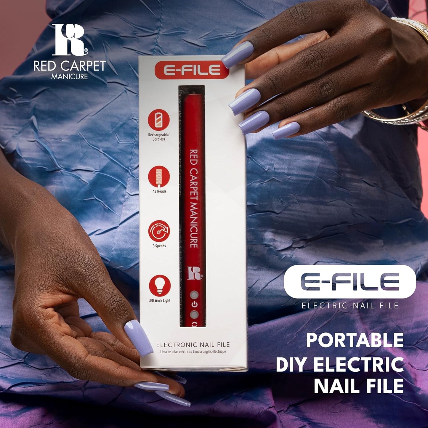 RC Red Carpet Manicure E-File Electric Nail File - Lightweight, Portable Nail Drill, Shaping, Filing, Gel Removal - 12 Interchangeable Bits & 6 Sanding Bands.