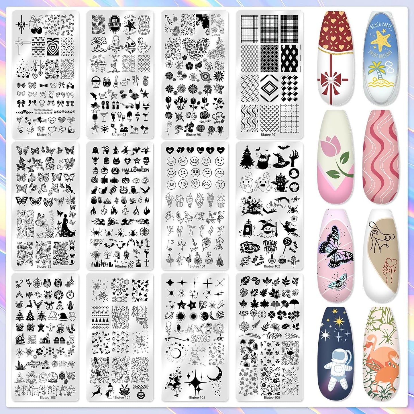 Biutee Nail Stamper Kit 12Pcs Nail Art Stamping Plate 8 Colors Stamp Polish Gel with Top Coat and Base Coat Set Silicone Stamper Scraper, Nail Stamp Plates Love Flower Butterfly Leaf Halloween Design