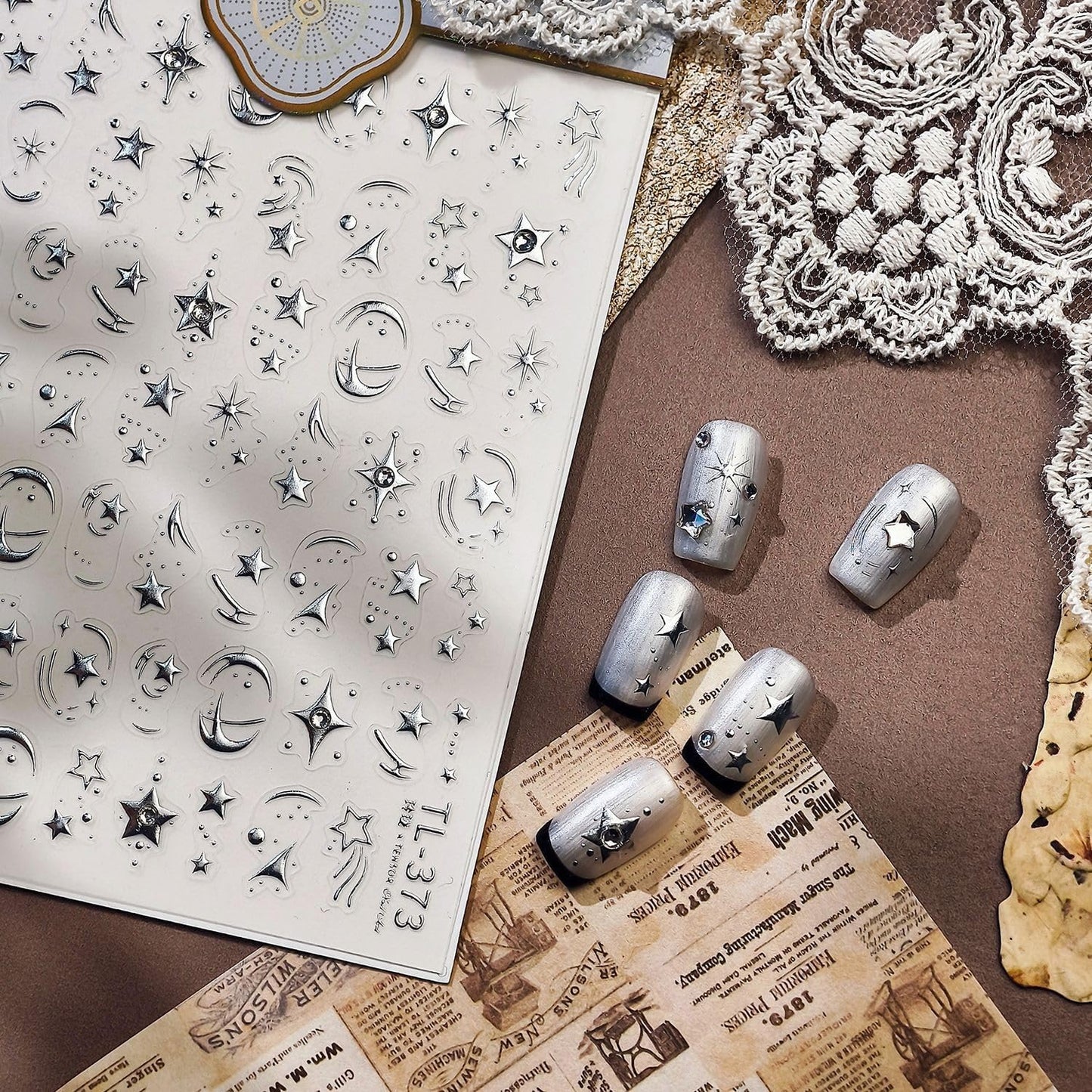 Shine Silver Star Nail Stickers for Nail Art 5D Embossed Self-Adhesive Pentagram Nail Decals with Rhinestones Designs for Women DIY Manicure Supplies Decorations 1 Sheets