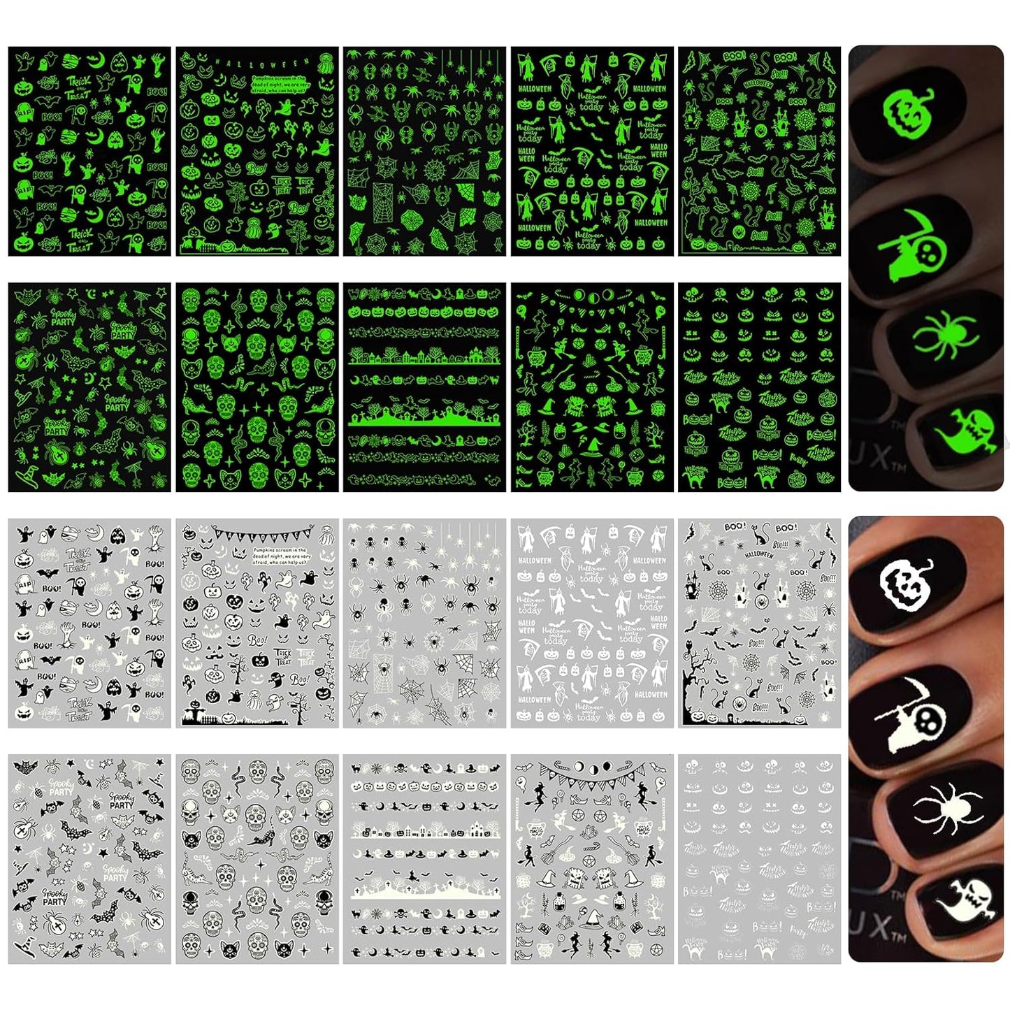 Halloween Glow in The Dark Nail Stickers, 3D Luminous Ghost Nail Art Decals, Self-Adhesive Pumpkin Spider-Web Bat Design for DIY Supplies Decoration (10 Sheets)