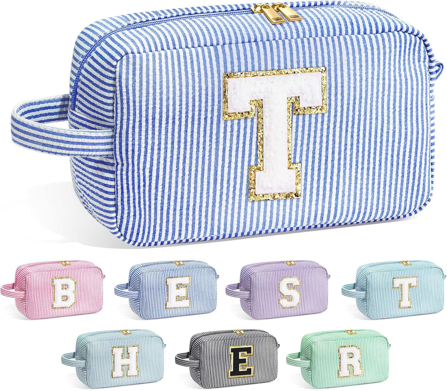 YOOLIFE Teacher Appreciation Gifts for Women - Personalized Birthday Gifts Idea for Women Teacher Best Friend Mom Bridesmaid, Large Initial Blue Makeup Bag, Cosmetic Toiletry Bag Case Make Up Pouch T