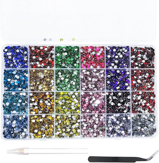 12000Pcs Nail Art Rhinestones, BetterJonny 24 Colors 4mm Round Nail Flatback Rainbow Gems Set with Tweezers and Pencil AB Glitter Flat-Bottomed Rhinestone for Crafts Decoration and Jewelry Making