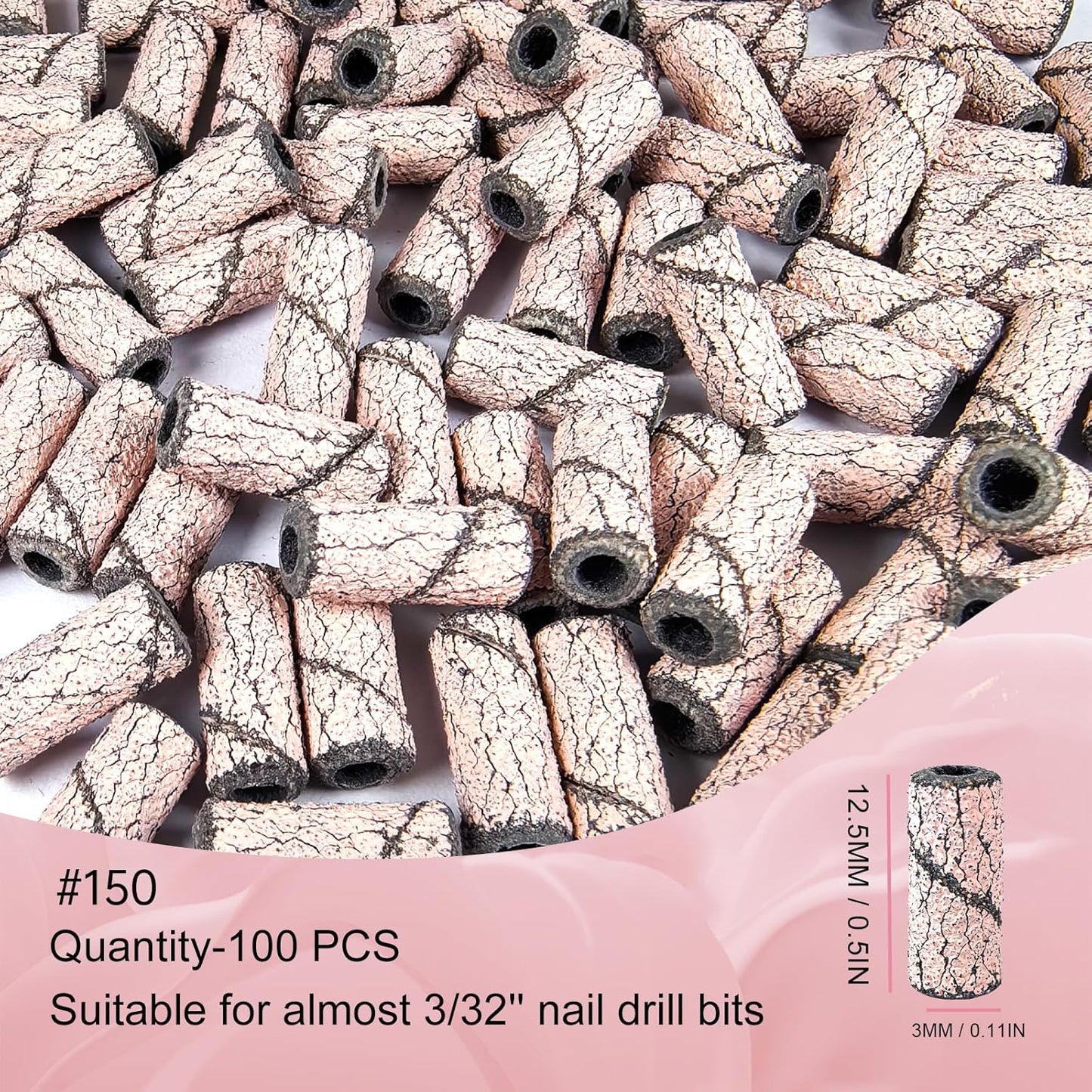 Sanding Bands for Nail Drill Nail Drill Bits Set, Corfulra Upgraded Small Sanding Bands with Mandrel Bit, 100 pcs 150 Fine Grits for Natural Nail, Nail Accessories of Nail Tech Must Haves, Pink