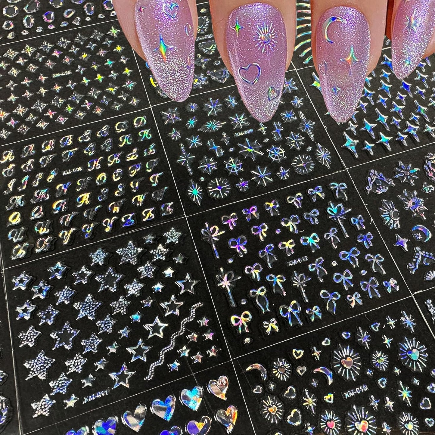 30 Sheets Star Nail Sticker Aurora Nail Art Stickers Moon Bow Heart Letter Design 3D Self-Adhesive Nail Decals for Women Girls DIY Nail Art Decoration
