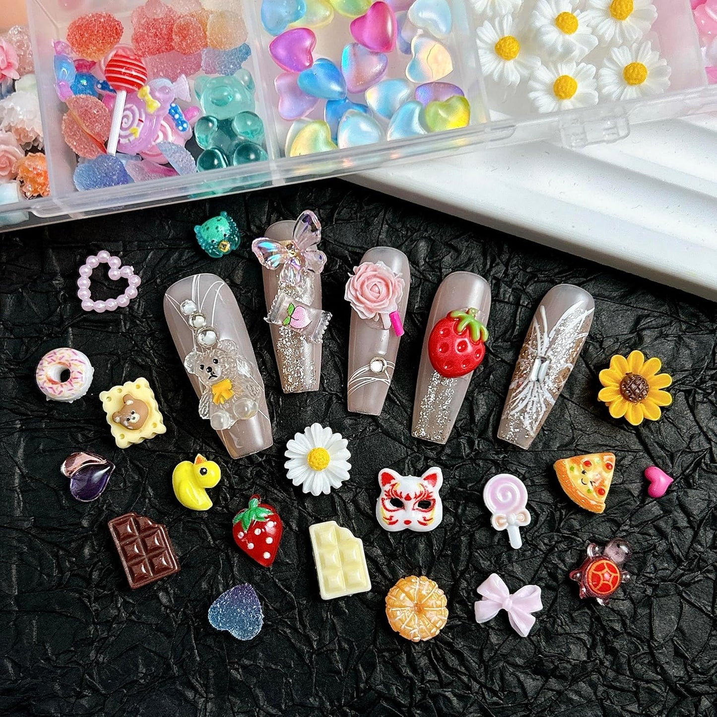 3D Resin Strawberry Nail Charms, Mixture Color Candy Lollipop Bow Heart Nail Art Charms, Cute Flower Daisy Charms for Nails Designs Manicure Accessories DIY Craft