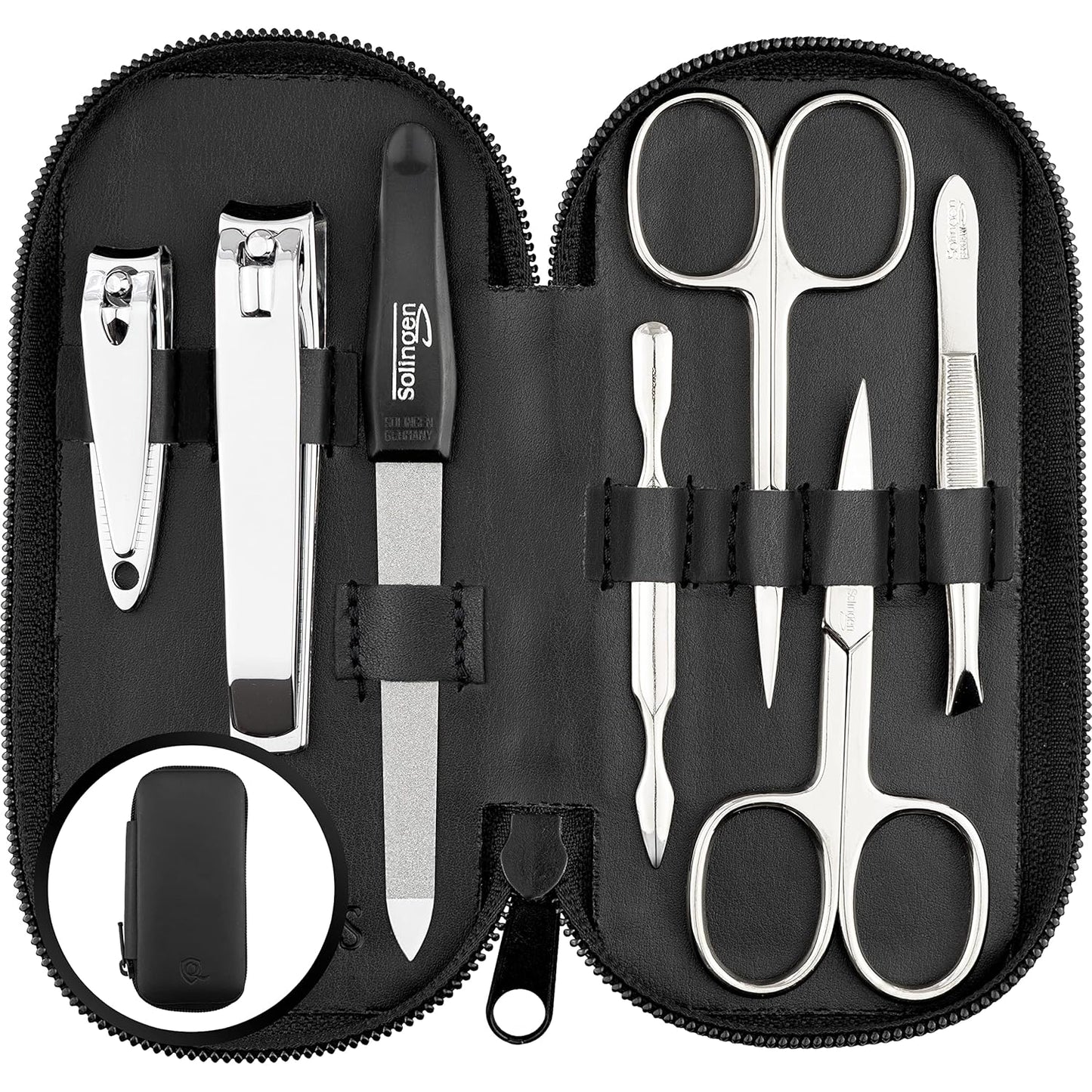 Manicure Set Solingen Made in Germany - 7 Piece Exclusive Finger & Toe Nail Clippers Kit for Women and Men in Real Leather Case, Color Black