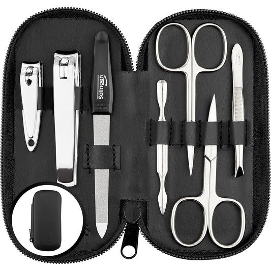 Manicure Set Solingen Made in Germany - 7 Piece Exclusive Finger & Toe Nail Clippers Kit for Women and Men in Real Leather Case, Color Black