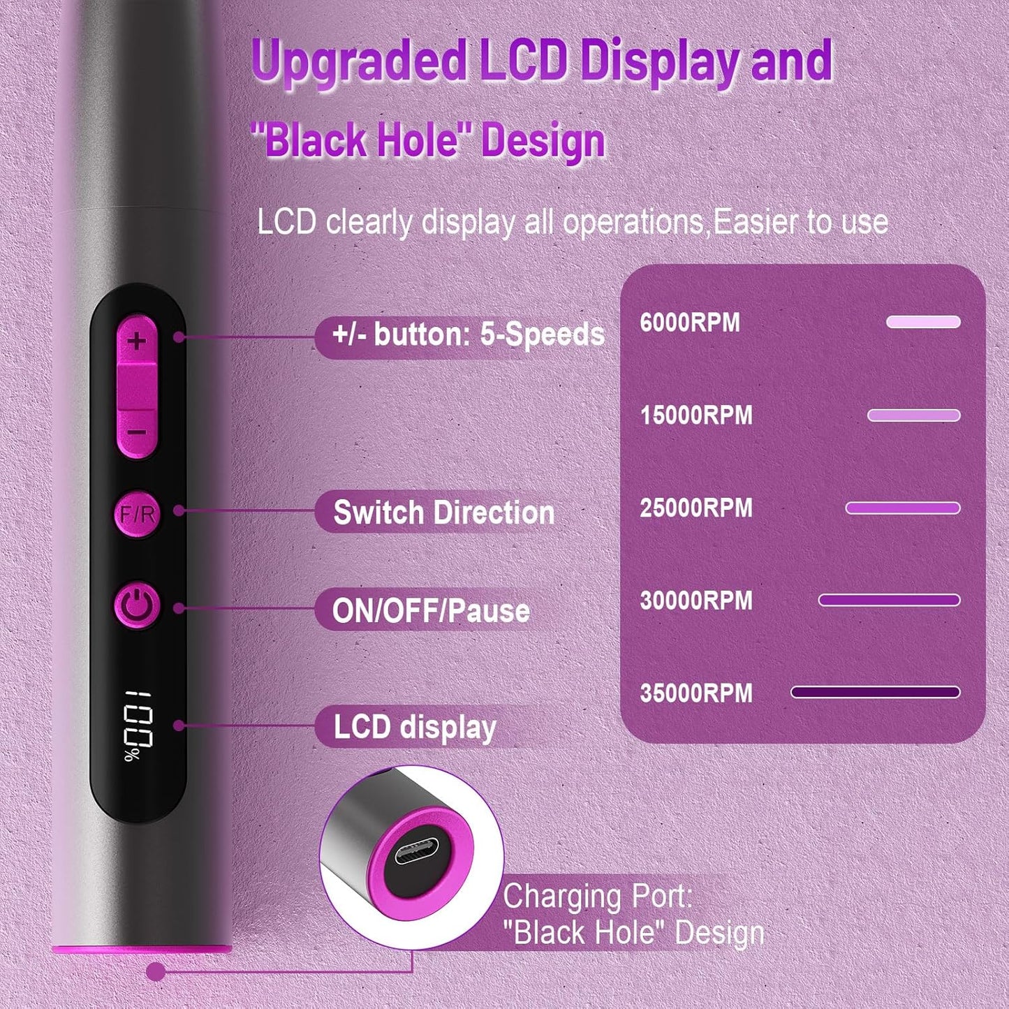 Electric Nail Drill Professional, 35000RPM Cordless Acrylic Nail Kit for Nail Polish Remover, Electric Nail File Buffer Grinder, Nail Filer Electric Manicure and Pedicure kit (Matte Gray)