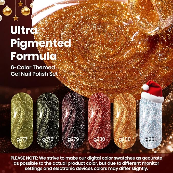 Beetles Glitter Gel Nail Polish Set – Vintage Luminary 6 Sparkling Red Gold Green Colors Reflective Long-Lasting UV LED Soak Off Gel Holiday Party Nail Art Kit Chirstmas Gift for Women