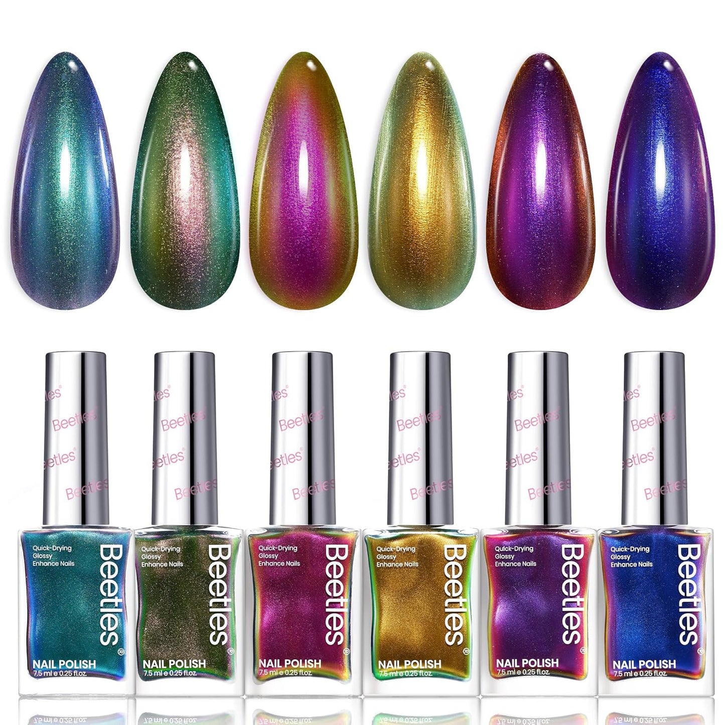 Beetles Chrome Nail Polish Set - Chameleon Holographic Ember 6 Colors Quick Fast Dry Metallic Nail Polish Long Lasting DIY Fingernail Art Home Salon Christmas Gifts for Girls Women