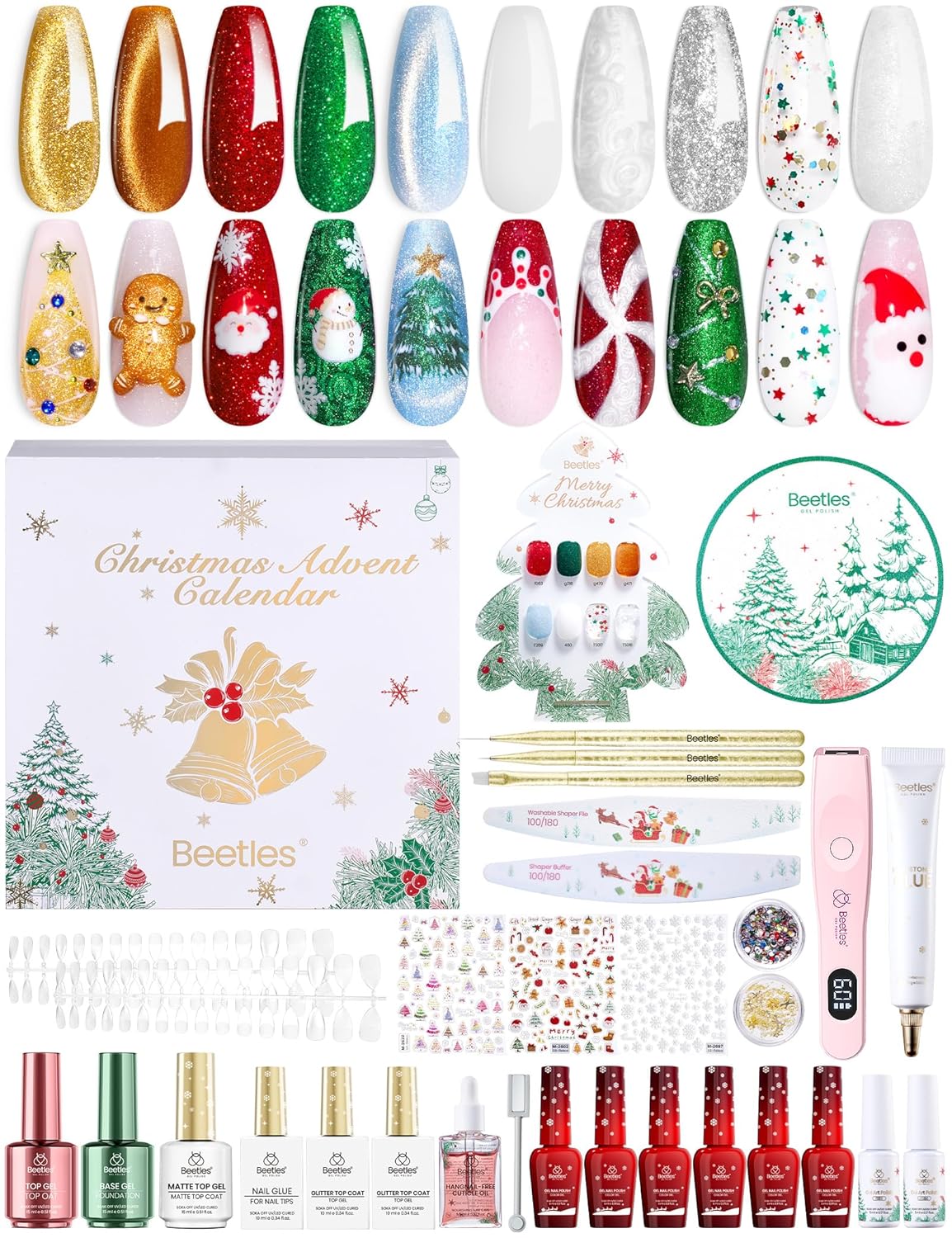 Beetles Gel Polish Merry Glitzmas 2025 Christmas Advent Calendar – 24 Days Christmas Countdown Nail Art Set with Mini LED Nail Lamp Base Top Coat and Festive Holiday Surprises Gifts for Women Girls