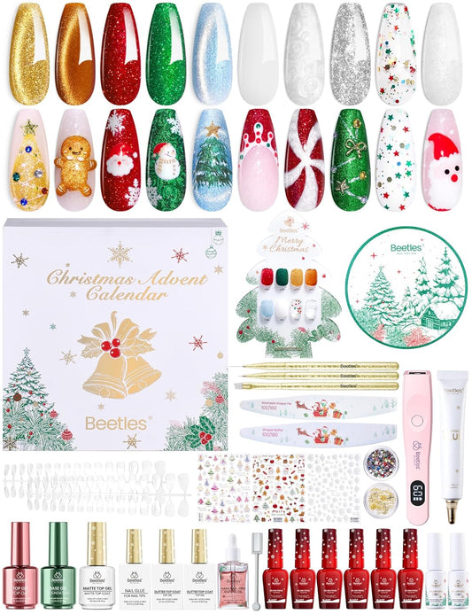 Beetles Gel Polish Merry Glitzmas 2025 Christmas Advent Calendar – 24 Days Christmas Countdown Nail Art Set with Mini LED Nail Lamp Base Top Coat and Festive Holiday Surprises Gifts for Women Girls