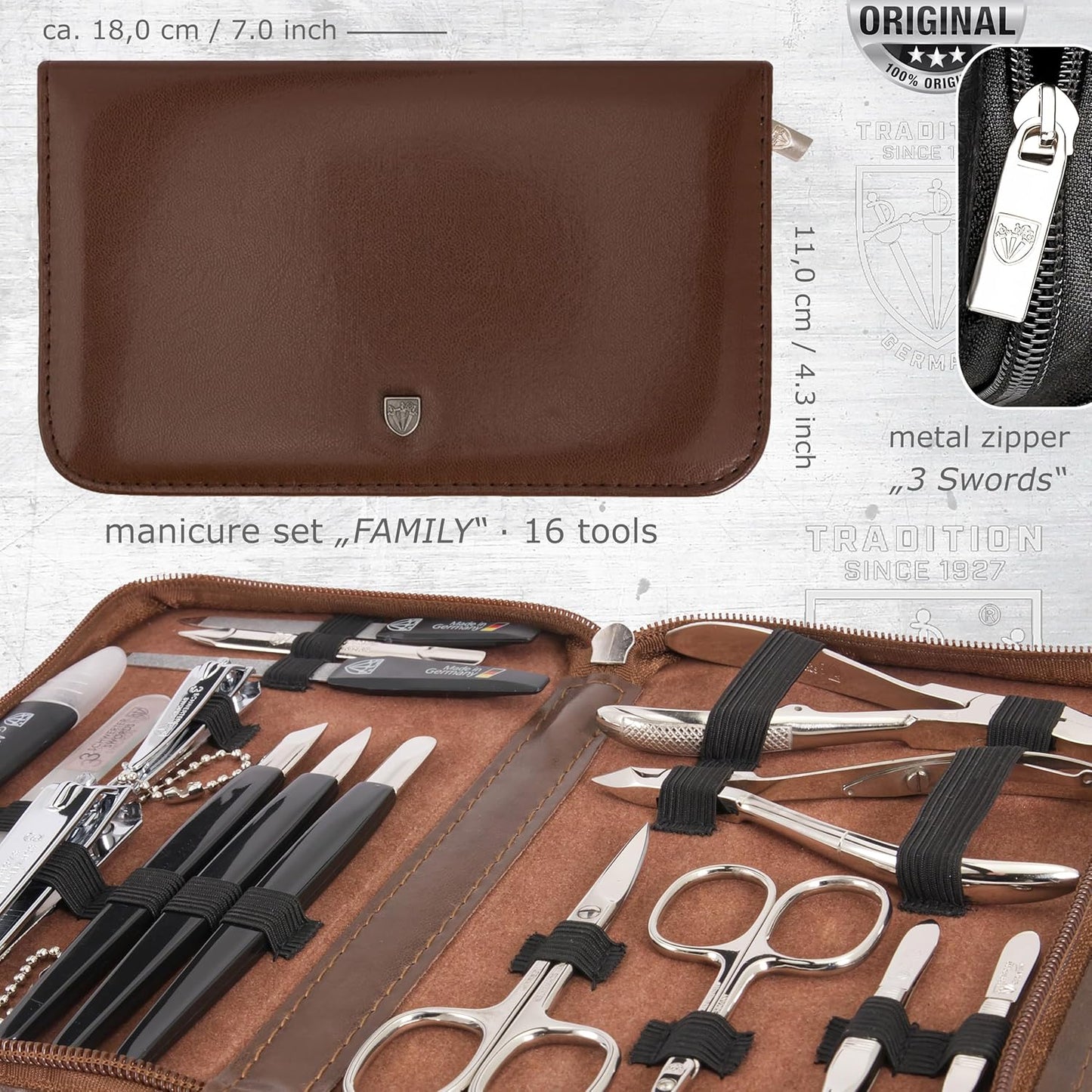 3 Swords Germany - brand quality 16 piece manicure pedicure grooming kit set for professional finger & toe nail care scissors clipper synthetic leather case, Made in Germany