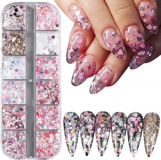12 Grids Mixed Star Fragment Nail Art Glitters Sequins Holographic Heart Nail Sequins Hexagon Sparkles Stars Design Laser Nail Flakes Glitters Accessories for Women Manicure DIY Nail Decorations