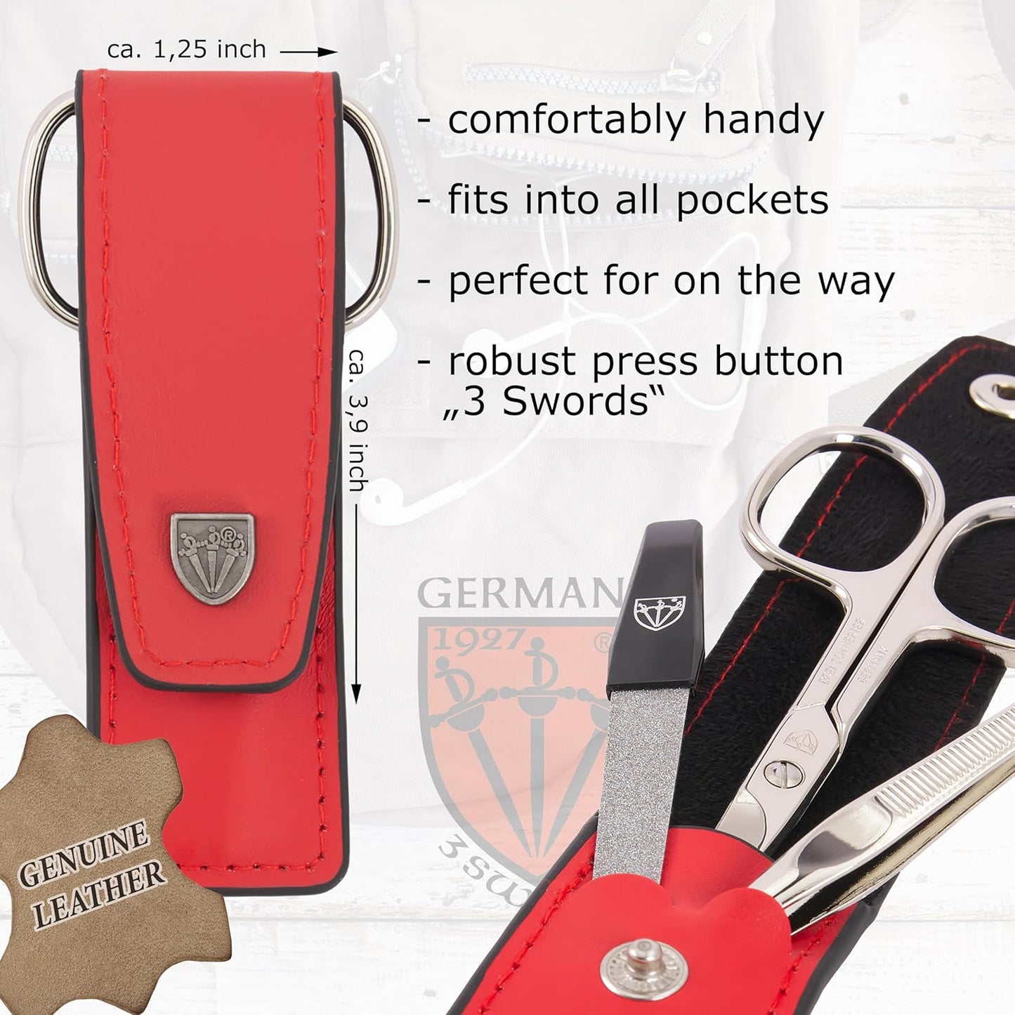 3 Swords Germany - brand quality 3 piece manicure pedicure grooming kit set for professional finger & toe nail care scissors file genuine leather case in gift box, Made in Solingen Germany (03737)