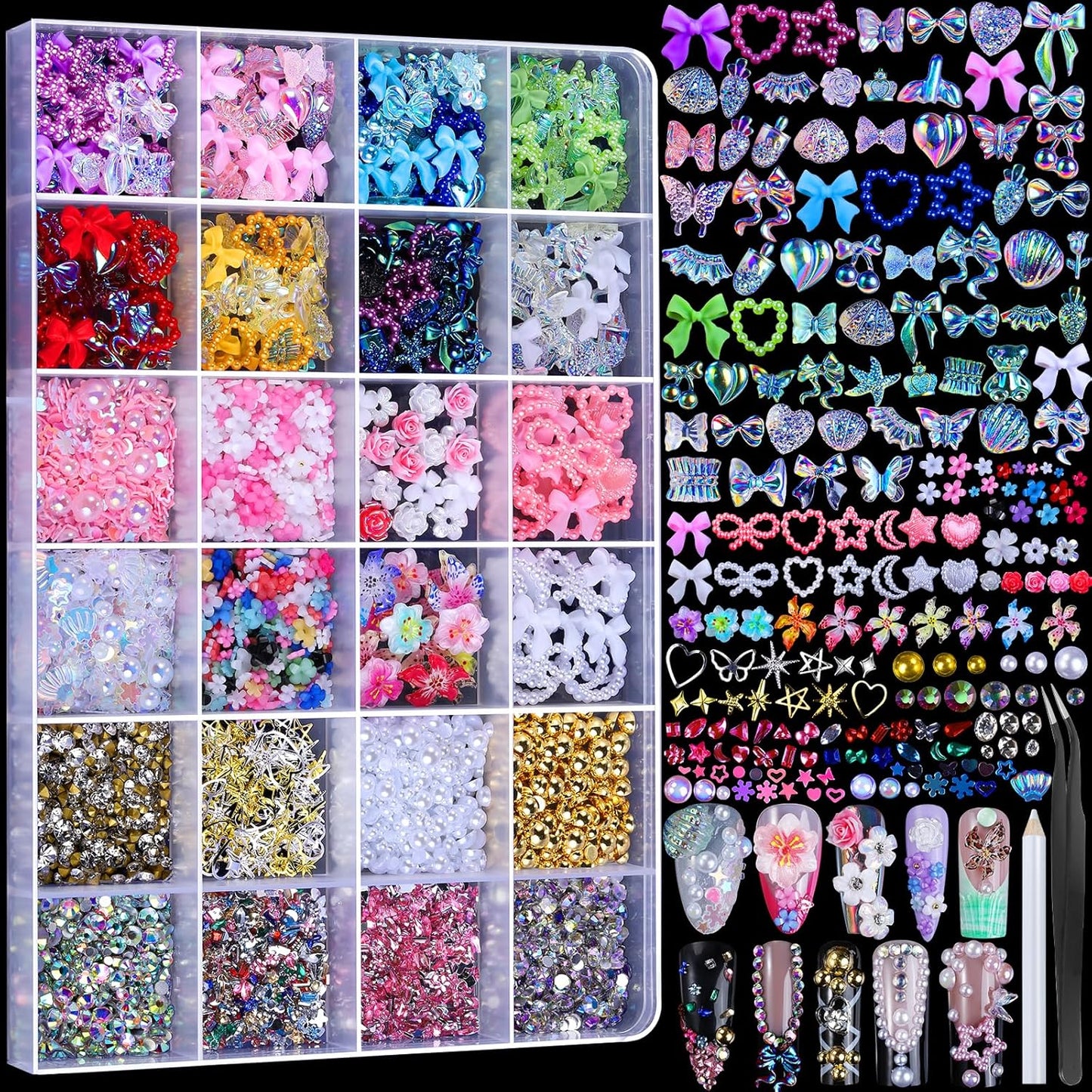 FAMDAMEI 24 Grid Nail Charms, Nail Art Kit with Multi Shapes Nail Charms and Gems, Flatback AB Nail Rhinestones Gold Nail Pearls, Colorful 3D Hawaii Flowers Nail Jewels for DIY Nail Design for Crafts