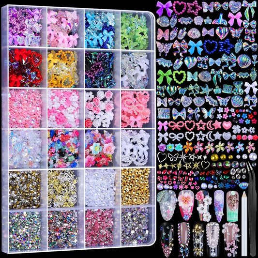 FAMDAMEI 24 Grid Nail Charms, Nail Art Kit with Multi Shapes Nail Charms and Gems, Flatback AB Nail Rhinestones Gold Nail Pearls, Colorful 3D Hawaii Flowers Nail Jewels for DIY Nail Design for Crafts