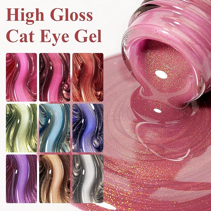 Cat Eye Gel Nail Polish Set-10 Colors with Magnet Cats Eye Gel Polish Silver Pink Blue Jelly Glass Effect Crystal Glitter Cateye UV Kit Home Manicure DIY Nail Art