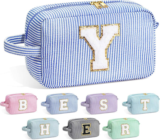 YOOLIFE Travel Cosmetic Bag for Women - Monogram Cute Initial Blue Makeup Bag Toiletry Pouch Make Up Case for Women Her Best Friend Friendship Sister Teacher, Personalized Birthday Gifts for Women Y