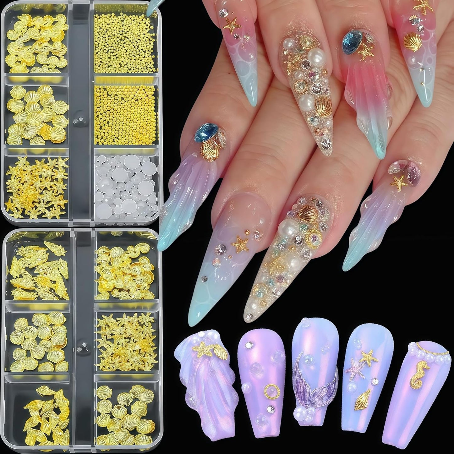 2 Boxes Summer Shell Nail Art Charms 3D Metal Mixed Shapes Gold Shell Seahorse Starfish Conch Alloy Nail Rivets with Flatback Pearls Nail Charms Summer Ocean Theme DIY Crafts Manicure Decoration