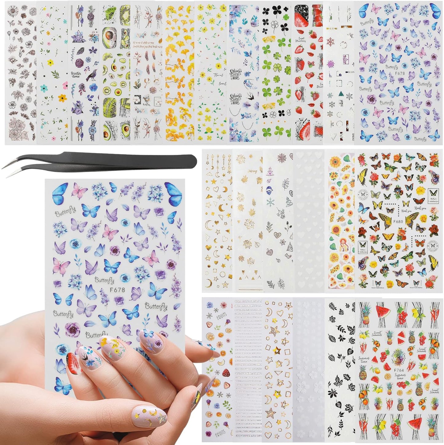 WSYUB Nail Stickers, 24 Stickers for Nails Art, Self Adhesive Nail Art Sticker Decals, Nail Supplies kit Large Sheets