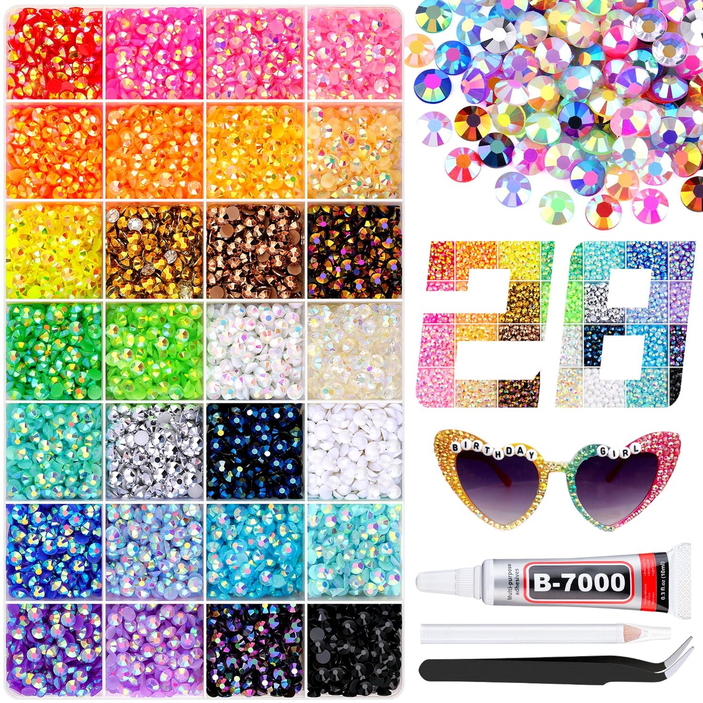 8000Pcs Resin Rhinestones with B7000 Jewelry Glue for Crafting, Multicolors 5mm Non Hotfix Flatback Gems, Bedazzling Crystal for DIY Crafts Clothing Tumblers Mugs Shoes Fabric Decor Nail Art