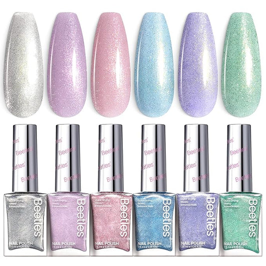 Beetles Glitter Nail Polish Set 6 Colors Glitter Fairy Gleam Quick Dry Nail Polish Shimmer Pink White Green Blue Purple Nail Lacquer Kit Fingernail Polish Diy Nail Art Gift For Women Girls