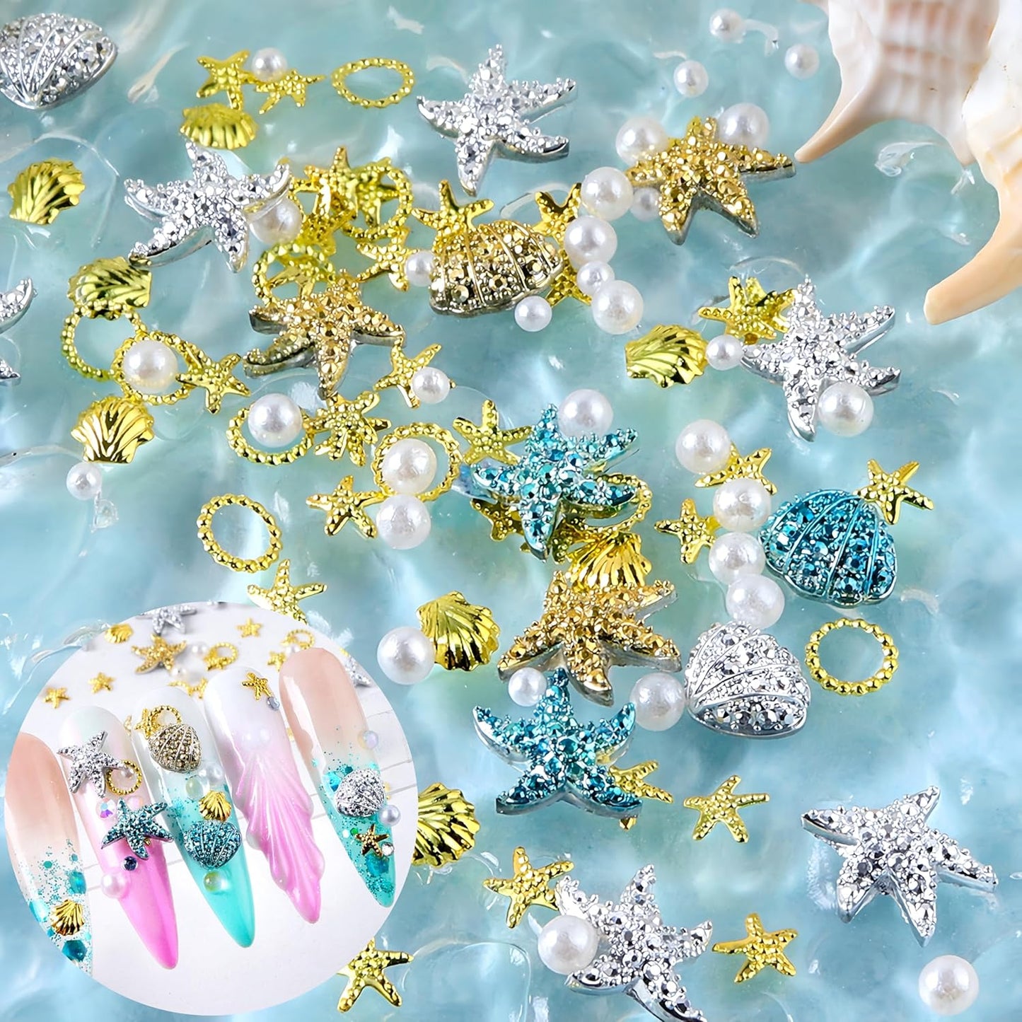 100Pcs Summer Starfish Nail Charms Pearls Seashell Starfish Gold Nail Rhinestones Ocean Theme Design Nail Gems 3D Nail Steel Studs Silver Blue Shell Nail Supplies Summer Beach DIY Crafts Nail Decor