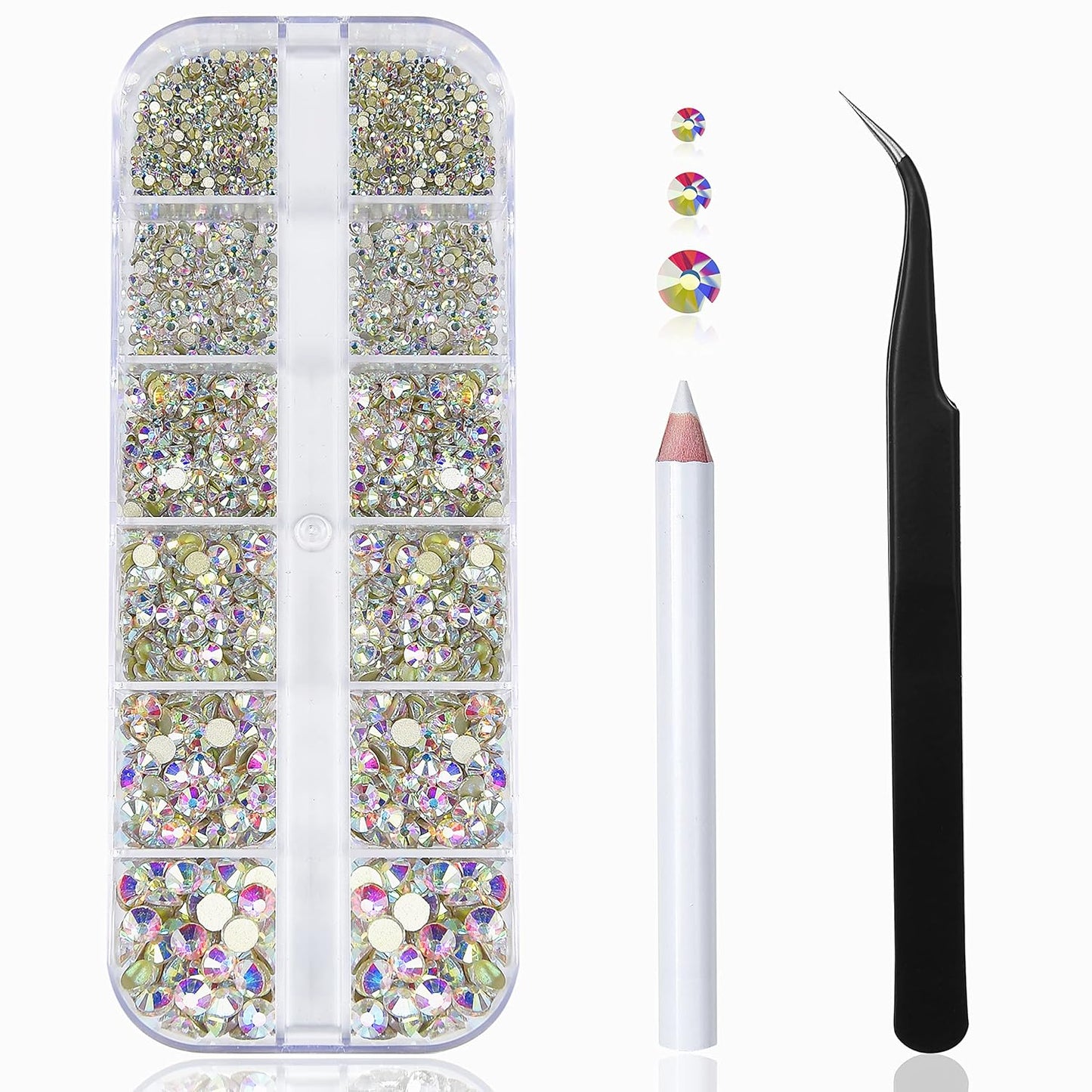 HUETFAT 2400 Pieces Flat Back Gems Round Crystal AB Rhinestones 6 Sizes (1.9-4.5 mm) with Storage Organizer Box Wax Pencil Tweezers for Nail Art Clothes Shoes Bags Crafts DIY （Crystal AB）