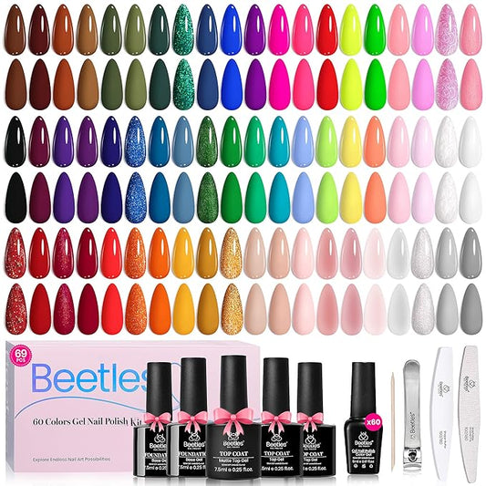 Beetles Gel Nail Polish Set 60 Colors Fall Uv Gel Polish Kit Jelly Brown Glitter Nude Pink White Red Blue Green Color Nail Polish Base &Glossy Matte Top Coat Gift for Her Women