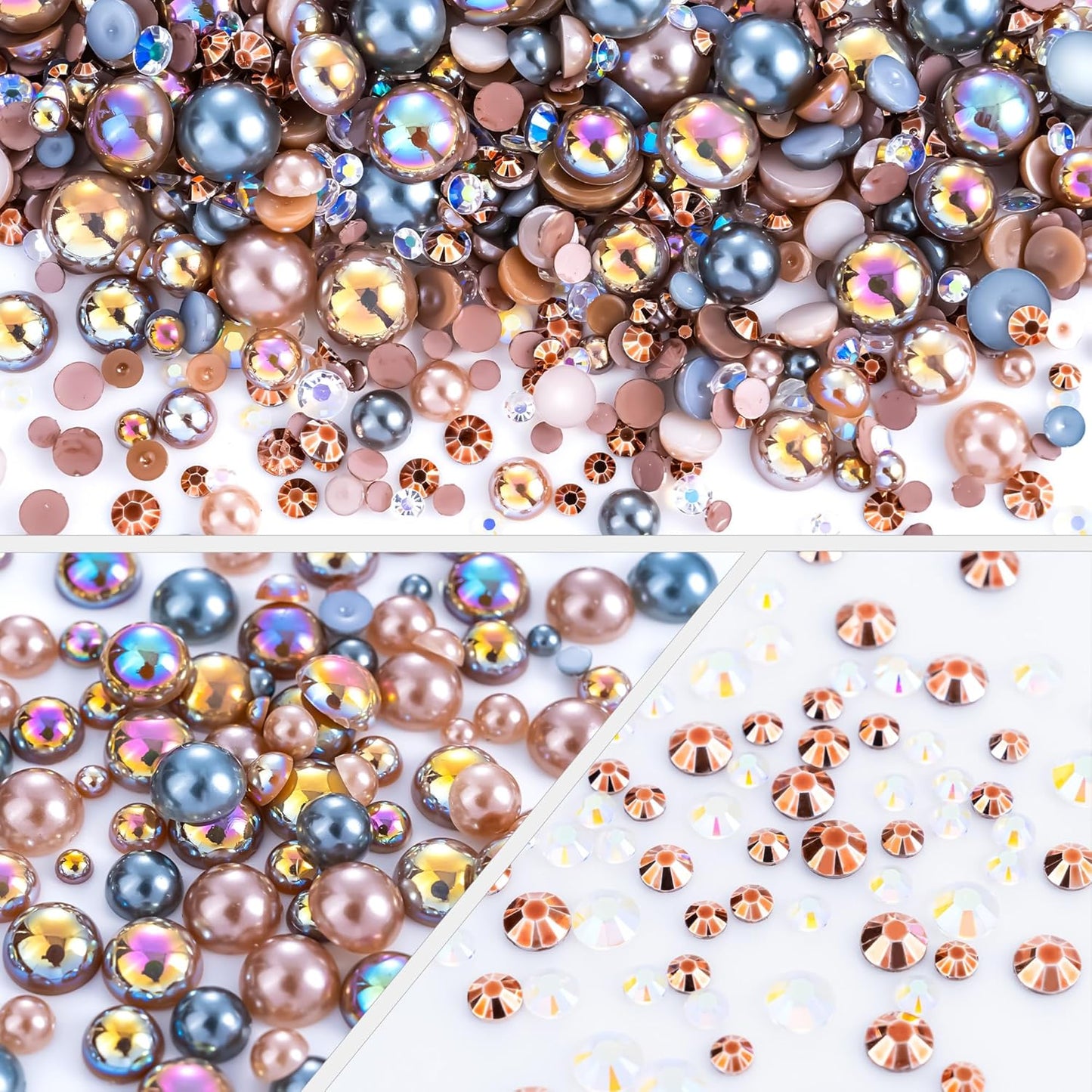60g Coffee Flatback Rhinestones Half Pearls for Crafting, Mixed Size 3mm-10mm Resin Rhinestones for Bedazzling, Small Pearls for DIY Tumblers Mugs Nail Art Shoes Clothes with Glue