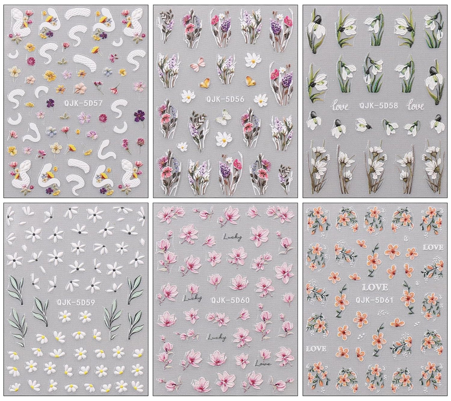 JMEOWIO 6 Sheets 3D Embossed Spring Flower Nail Art Stickers Decals Self-Adhesive Pegatinas Uñas 5D Colorful Summer Floral Lavender Nail Supplies Nail Art Design Decoration Accessories