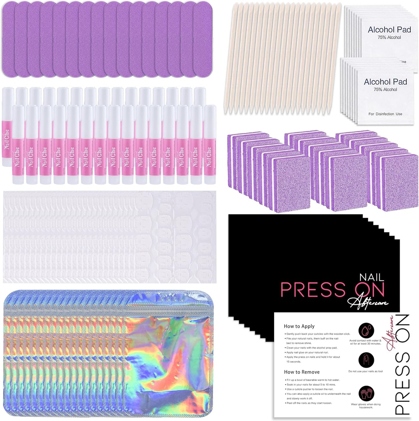 50 Set Press On Nail Tool Prep Kit for Salon Business, Disposable Manicure Kit with Nail File, Buffer, Glue, Prep Pad, Instruction Card, Adhesive Tabs, Wood Stick, Purple Packaging Bag