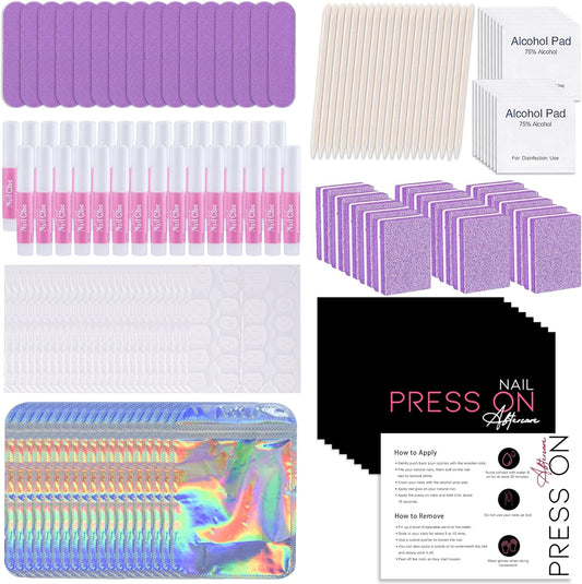 50 Set Press On Nail Tool Prep Kit for Salon Business, Disposable Manicure Kit with Nail File, Buffer, Glue, Prep Pad, Instruction Card, Adhesive Tabs, Wood Stick, Purple Packaging Bag