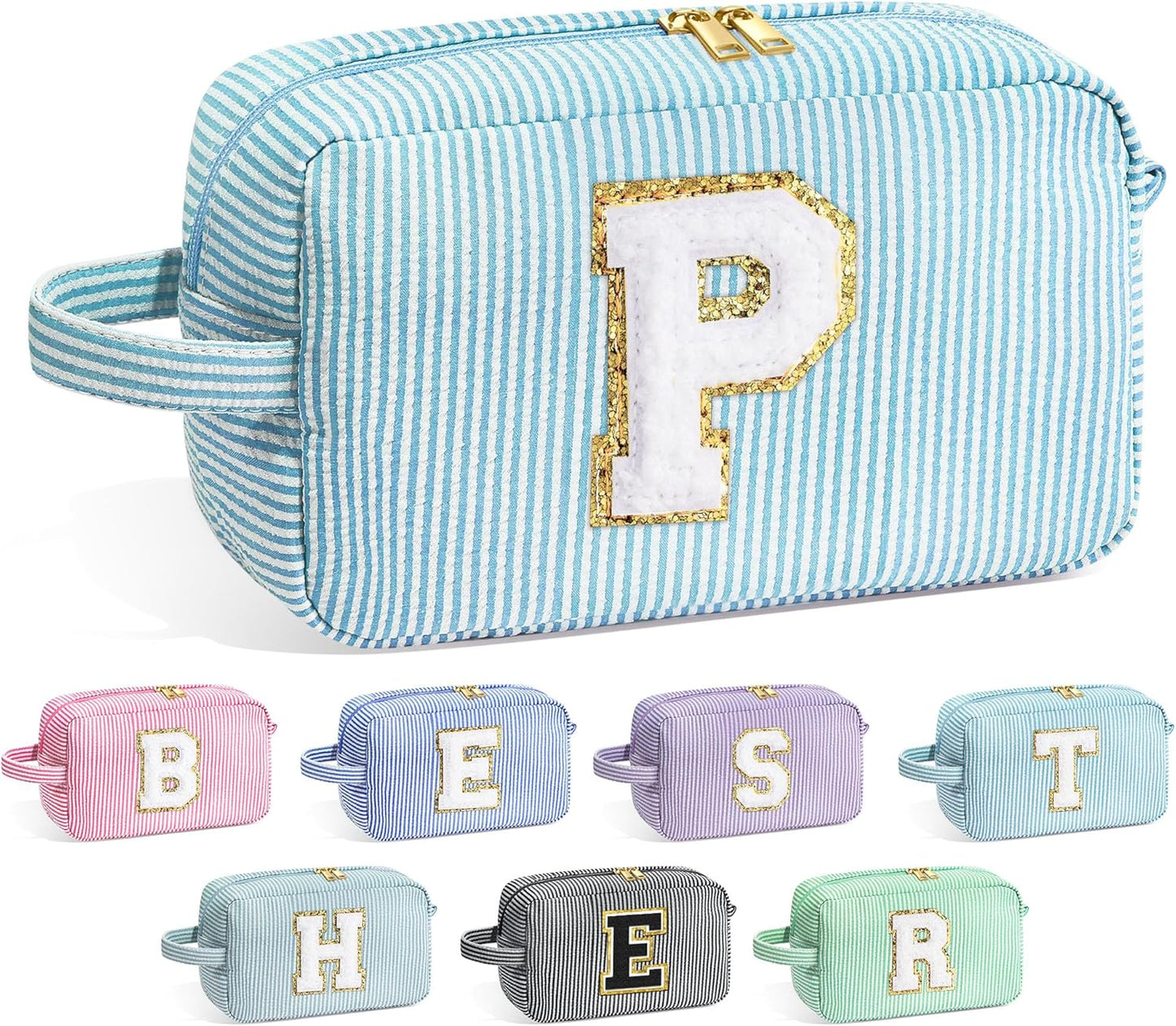 YOOLIFE Initial Makeup Bag - Personalized Monogram Cute Blue Makeup Bags, Girls Makeup Toiletry Bag Pouch, Make Up Case for Women Her Mom Best Friend Female Sister Teacher, Birthday Gifts for Women P