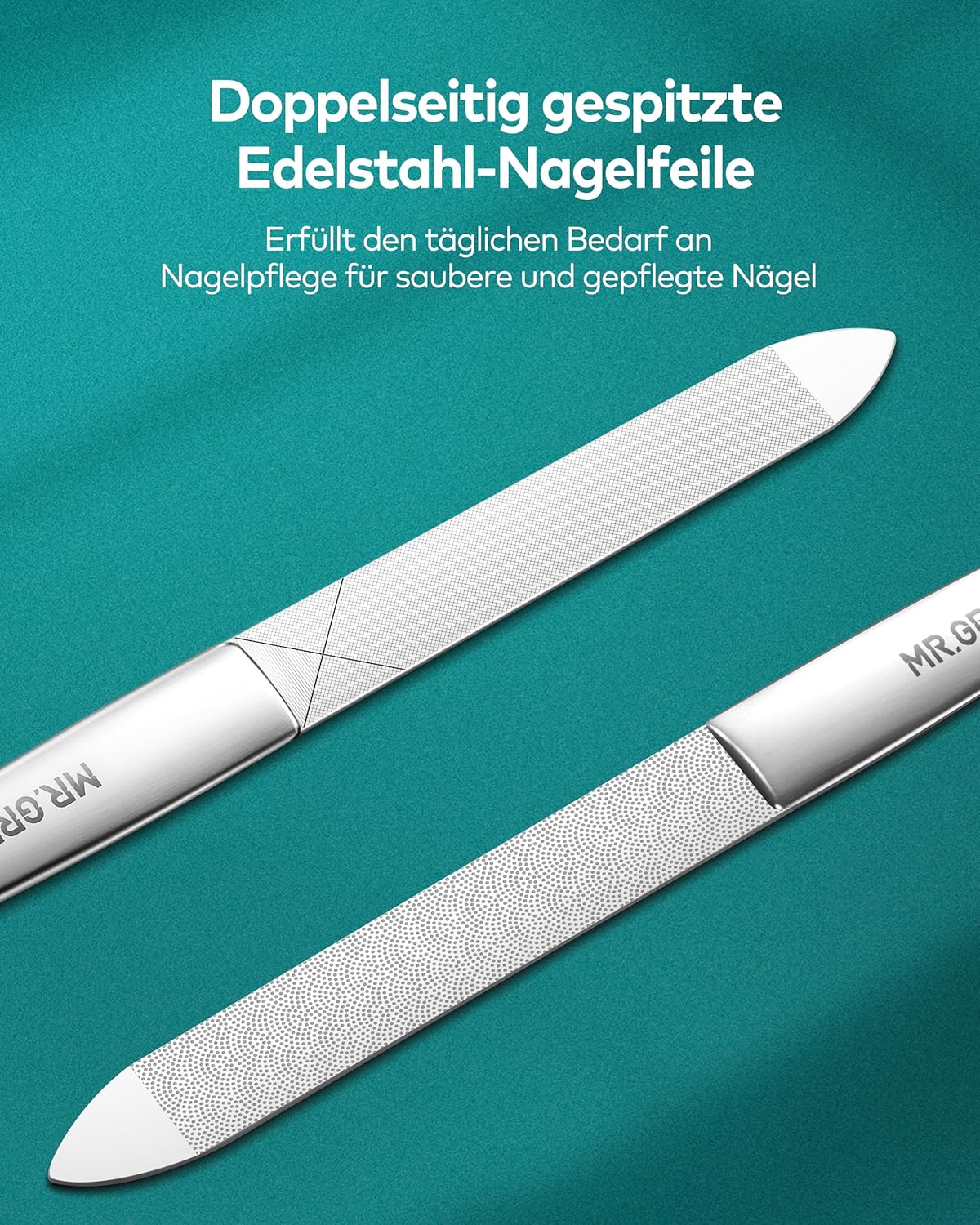 MR.GREEN Professional Double Sided Stainless Steel Nail File with Non-Slip Handle and Leather Case, Pointed Nail Buffering Files Washable