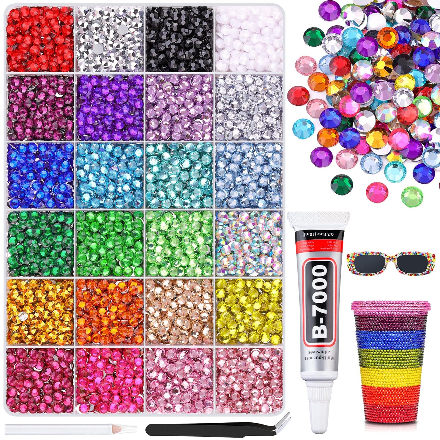 6600Pcs Resin Rhinestones with 1Pcs B7000 Jewelry Glue for Crafting, Multicolors 5mm Non Hotfix Flatback Gems, Bedazzling Crystal for DIY Crafts Clothing Tumblers Mugs Shoes Fabric Decor Nail Art