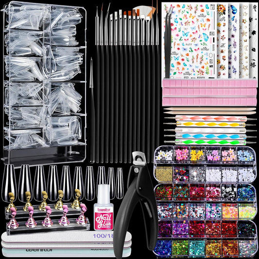 Teenitor Press On Nail Kit - Clear Coffin Nail Tips, Art Brushes, Dotting Pen, Glitter, Stickers & Rhinestones