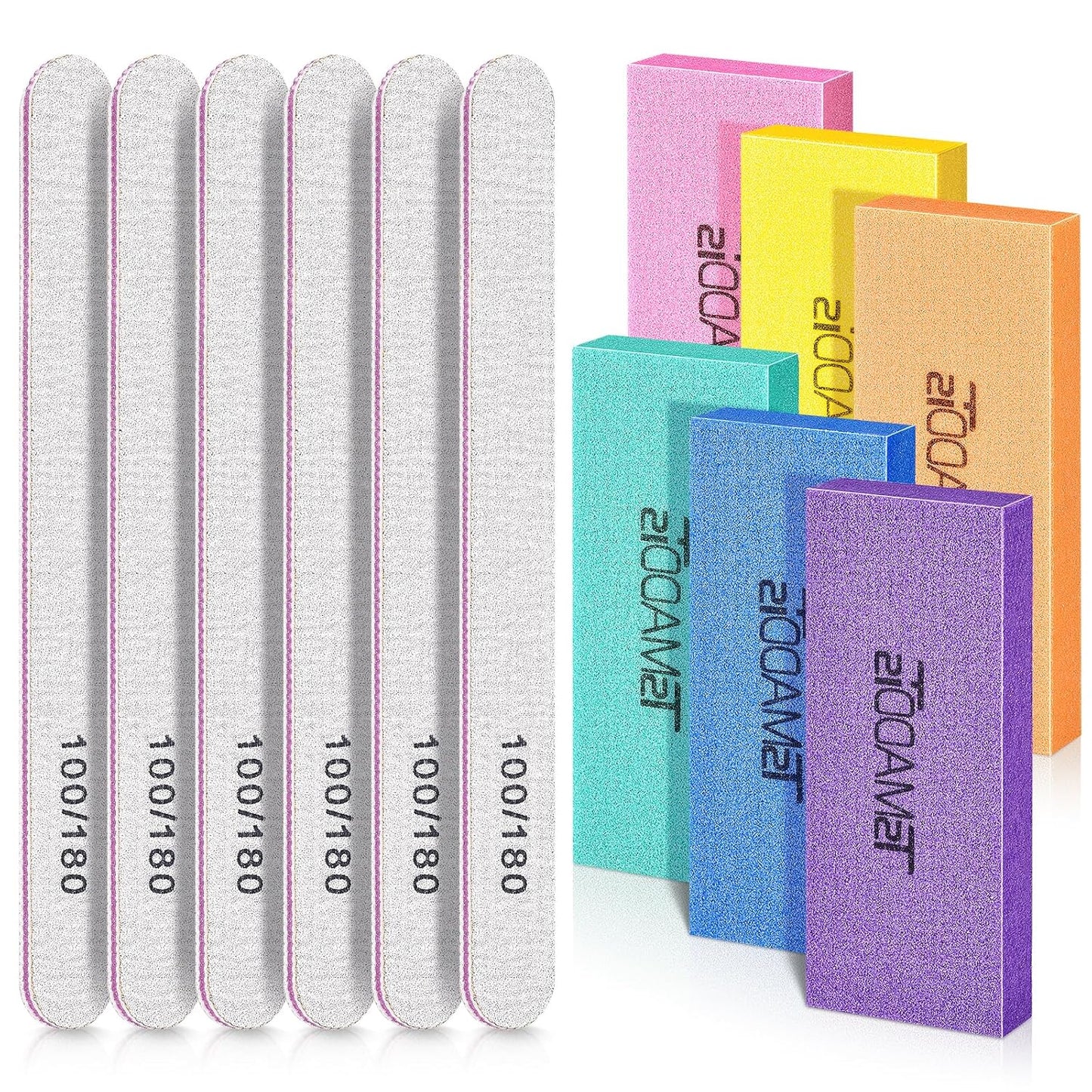 Nail Files and Buffers Set with 6PCS Rectangular Buffers and 6PCS White 100 180 Grit Files, Professional Nail Care Tools Kit for Women and Girls