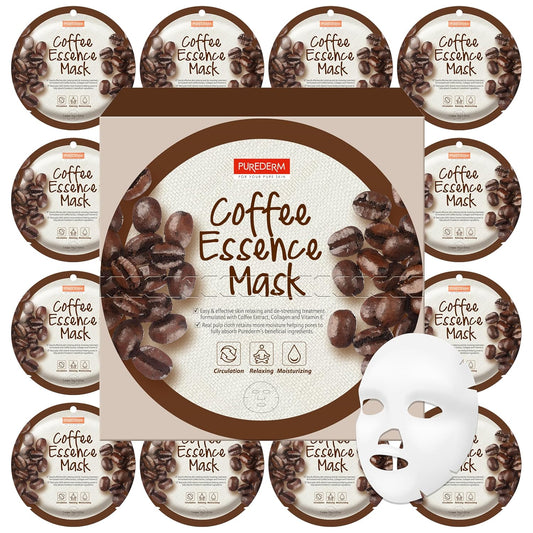 Purederm Coffee Essence Collagen Mask (12 Pack) - Coffee Extracts and Soothing Ingredients to Care for Your Tired Skin in a Comfortable…