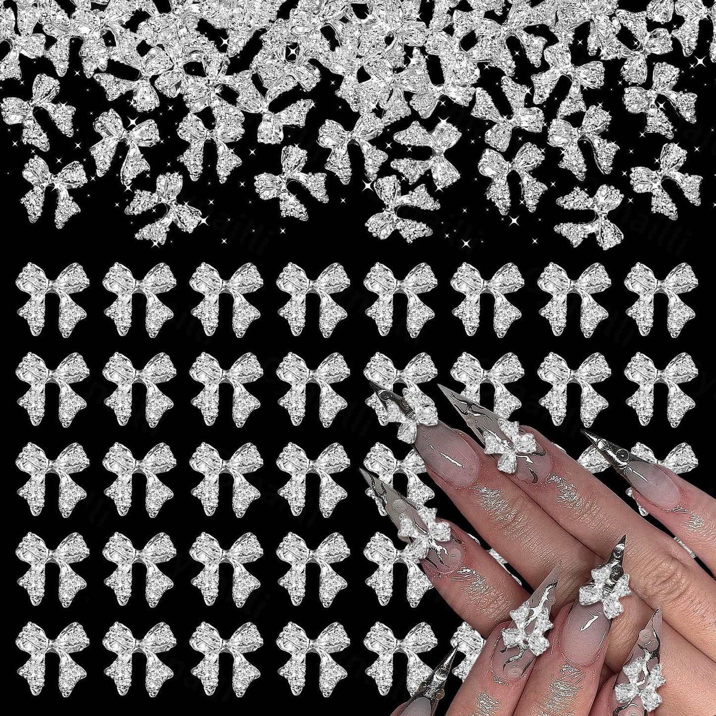 80 Pcs Silver Alloy Bow Nail Charms, 1011mm, Ideal for Nail Art, DIY Accessories